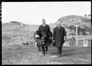Wreath laying at the temporary Massey Memorial, Point Halswell