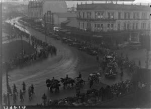 Unidentified funeral procession travelling down Molesworth Street, Wellington