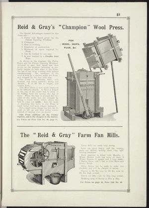Reid & Gray Ltd :Reid & Gray's "Champion" wool press [and] the "Reid & Gray" Farm fan mills. [1913]