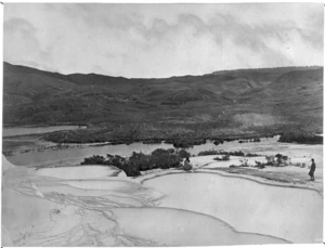 Mundy, Daniel Louis, 1826-1881: Photograph of Te Tarata, or White Terrace, looking down upon Lake Rotomahana