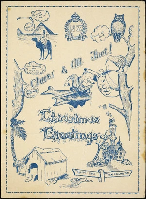 [New Zealand Army] :Cheers and all that! Christmas greetings. Egypt 1941 ... New Zealand 1942. [Greeting card 1941].