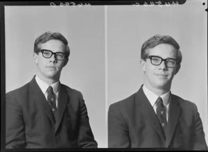Unidentified bespectacled young man in jacket & tie [two images]