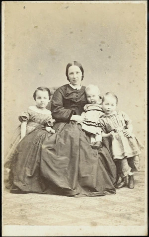 Harmsen, Heinrich, active 1860s-1870s: Portrait of Georgiana von Hochstetter and her three children in 1866