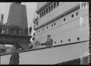 Governor General Lord Bledisloe on the gangway of the ship Rangitiki, Glasgow Wharf, Wellington