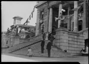 Military parade, official party on steps of parliament, Wellington