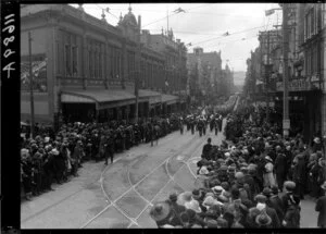 Military parade with brass band, Willis St., Wellington