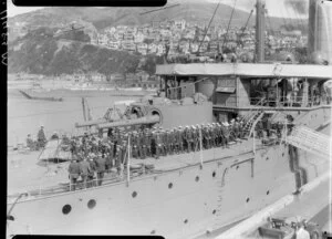 Sailors on parade on the ship Asama, berthed at Clyde Quay Wharf, Wellington