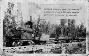 G & D Davidson's sprocket and chain gear locomotive working at Stuart & Chapman's sawmill, Seddon's Terrace, Westland