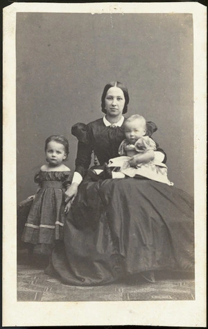Harmsen, Heinrich, active 1860s-1870s: Portrait of Georgiana von Hochstetter and her two children in 1864