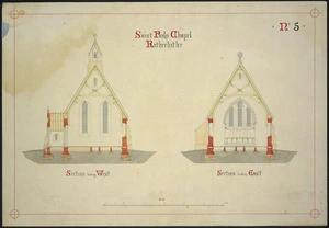 Beatson, William, 1808?-1870 :Saint Pauls Chapel Rotherhithe. No 5. Section looking west [and] Section looking east. [1849?].