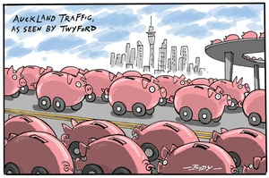 Piggy bank cars driving on Auckland motorways - Phil Twyford's regional fuel tax proposal