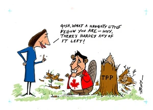 PM Jacinda Ardern scolds Canadian PM Justin Trudeau who as a beaver has chewed up the 'TPP' tree