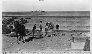 Crew from the ship Tutanekai landing stores at Pencarrow lighthouse, Pencarrow Head