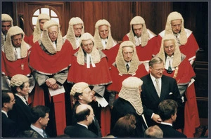 Prime Minister Jim Bolger surrounded by members of the judiciary and the legal fraternity at the opening of Parliament - Photograph taken by Phil Reid