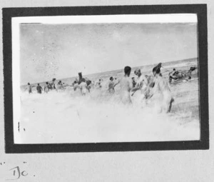 Soldiers with camels in the Mediterranean Sea at Rafa, Palestine campaign, World War I