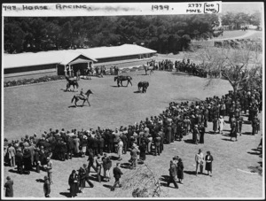 Crowd watching parade of yearlings at Trentham, Wellington - Photograph taken by the Evening Post