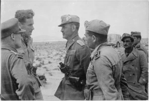 Italian officers General Mannerini and Colonel de Matera after their surrender during World War 2, talking with New Zealanders, Tunisia - Photograph taken by Harold Paton