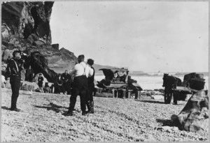 Mail coach and wagon on beach near Rapahoe, West Coast