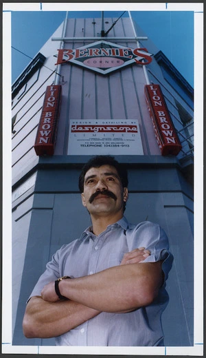 Bernie Fraser outside his pub, Bernie's Corner, on the corner of Willis and Vivian Streets, Wellington - Photograph taken by Mark Coote