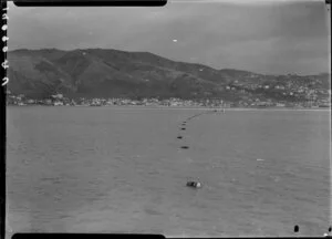 Two boats involved in laying out floating barrels, Lyall Bay, Wellington