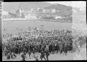 Large crowd at St Patrick's sports day, Basin Reserve, Wellington