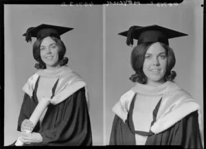 Ms Meyrick in graduation gown [two images]