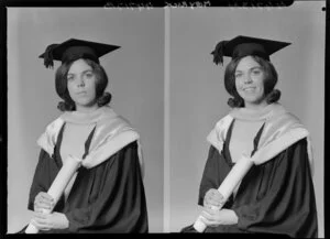 Ms Meyrick in graduation gown [two images]