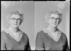 Unidentified older woman with glasses & necklaces [two images]