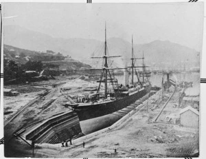 The Ruapehu in dry dock at Lyttelton - Photograph taken by Theophilus Easter