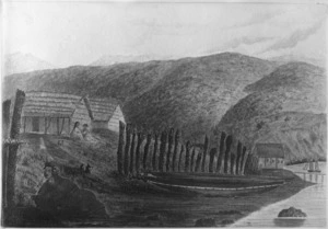 [Park, Robert] 1812-1870 :[Maori dwellings and chapel with whalers' lookout Tutaewera near Kaiwharawhara, Wellington ca 1842]