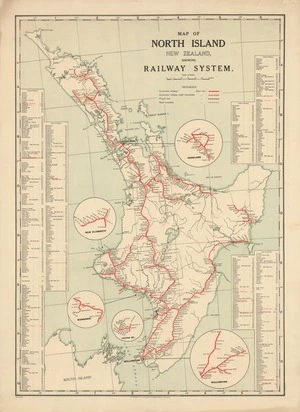 Map of North Island, New Zealand, showing railway system.