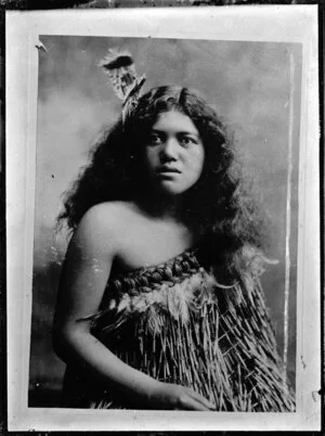 Copy photograph of a photograph of a young Maori woman wearing a cloak