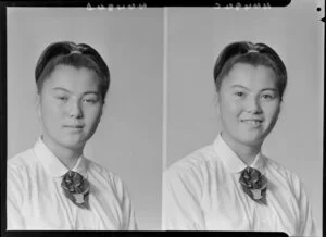 Unidentified schoolgirl in [Wellington High School?] uniform [two images]