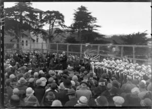 Sir Charles Fergusson addressing crowd, Samuel Marsden School, Wellington