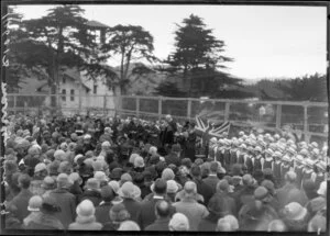 Bishop Sprott addressing crowd, Samuel Marsden School, Wellington