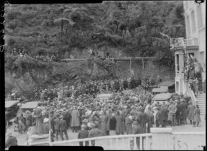 Crowd in front of balcony, opening of Mangahao Hydro Power Station