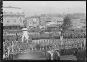 Soldiers standing in formation, Parliament grounds, Wellington