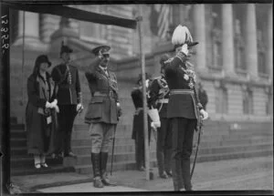 Governor General Sir Charles Fergusson (1865-1951) receiving the salute from the steps of Parliament, Wellington.