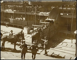 Creator unknown : Photograph showing troop horses being loaded onto transportation during World War I