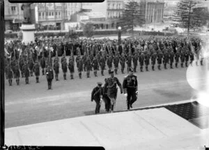 Military men ascending steps, Parliament, Wellington