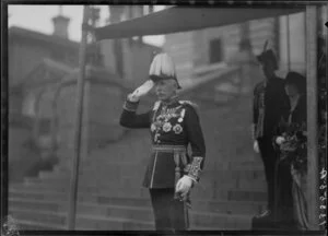 Governor General Sir Charles Fergusson receiving the salute from the steps of Parliament, Wellington