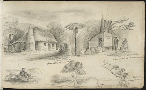 Pharazyn, Edward de C 1810-1879? :Scotch Jock's house Parapara, Otaki, from sketch by W. Swainson. Bucks Store, Stokes Valley from sketch by W. Swainson. Ngaio [tree. 1853?]