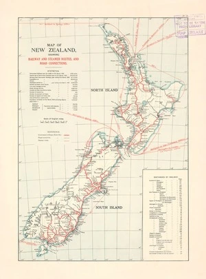 Map of New Zealand showing railway and steamer routes and road connections.