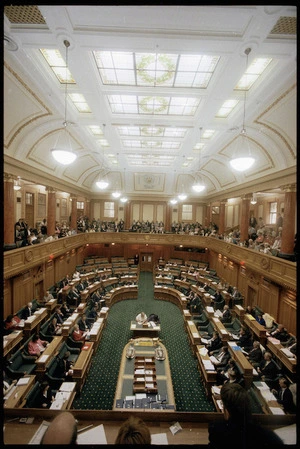 Interior view of the debating chamber, Parliament buildings. - Photograph taken by John Nicholson.