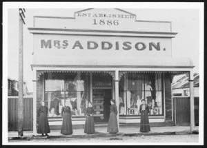 Photograph of Mrs Agnes Addison and her drapery store, Hokitika