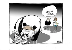 Bill English as a panda bear eating a news headline about his refusal to answer queries about National List MP Jian Yang