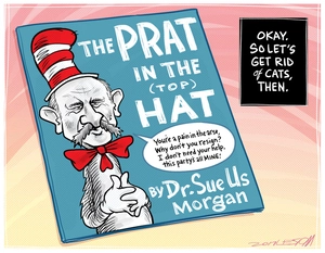 Gareth Morgan as a spoof of Dr Seuss' Cat in the Hat called 'The Prat in the (TOP) Hat'