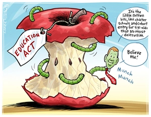 Education Minister Chris Hipkins as a worm eating out the rotten bits from the 'Education Act' apple
