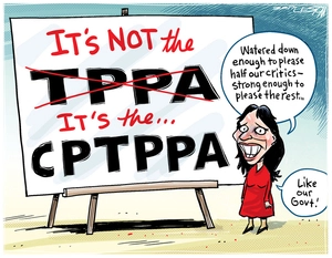 PM Jacinda Ardern next to a placard reading 'its not the TPPA, it's the CPT TPPA'