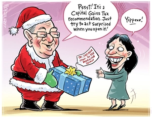 Sir Michael Cullen as Santa telling PM Jacinda Ardern to act surprised when she opens her Capital Gains Tax recommendation present from the Tax Working Group